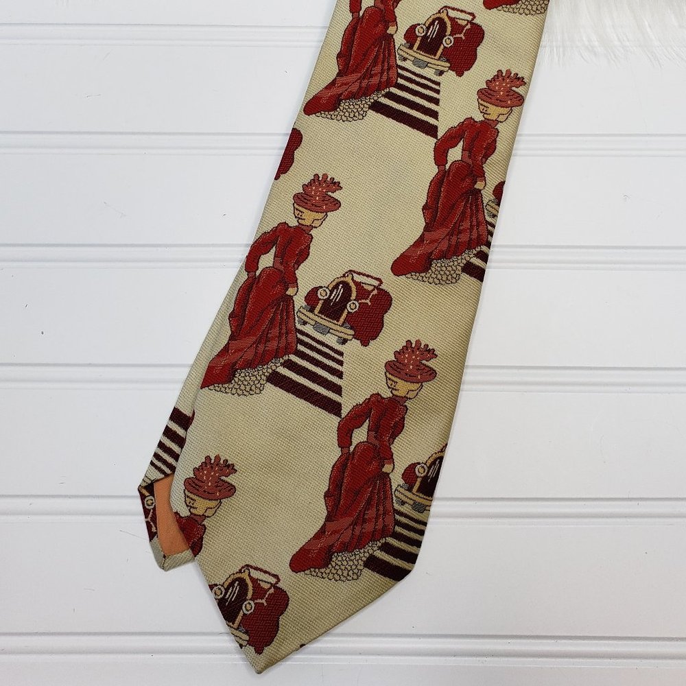 VTG QIANA 70's Old Timey Red Automobile 1890's Fashion Gown Men's Wide Neck Tie
